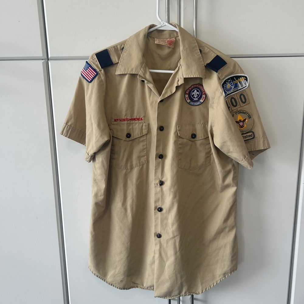 Boy Scouts of America BSA Uniform Shirt Tan Ore-Ida Council Troop 400 Mens LG